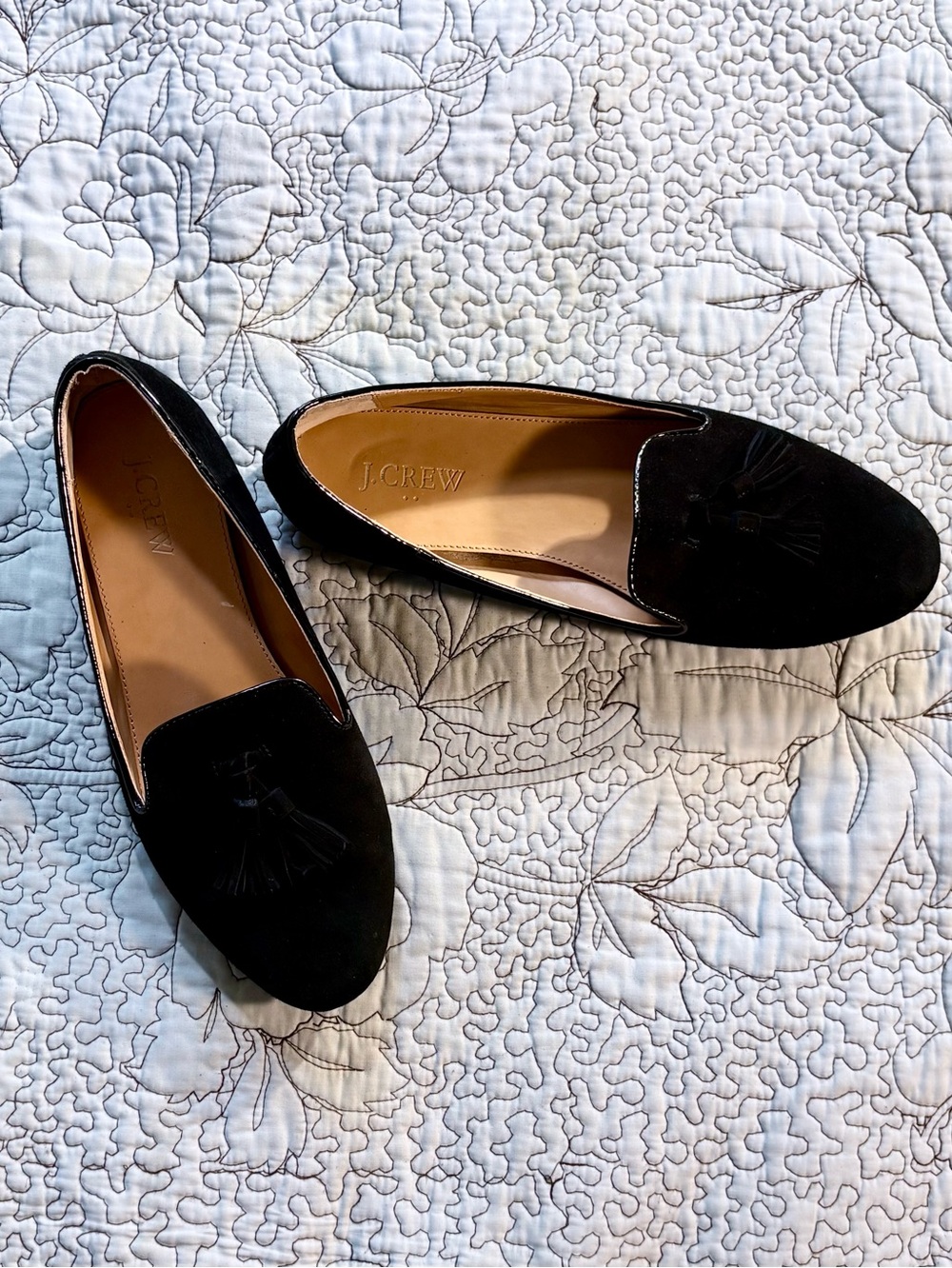 ☀️J.Crew Black Faux Suede Tassel Smoking Loafers Flats Sz 8.5🧡